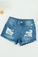 Distressed Mid Rise Frayed Hem Denim Shorts - Femstylo