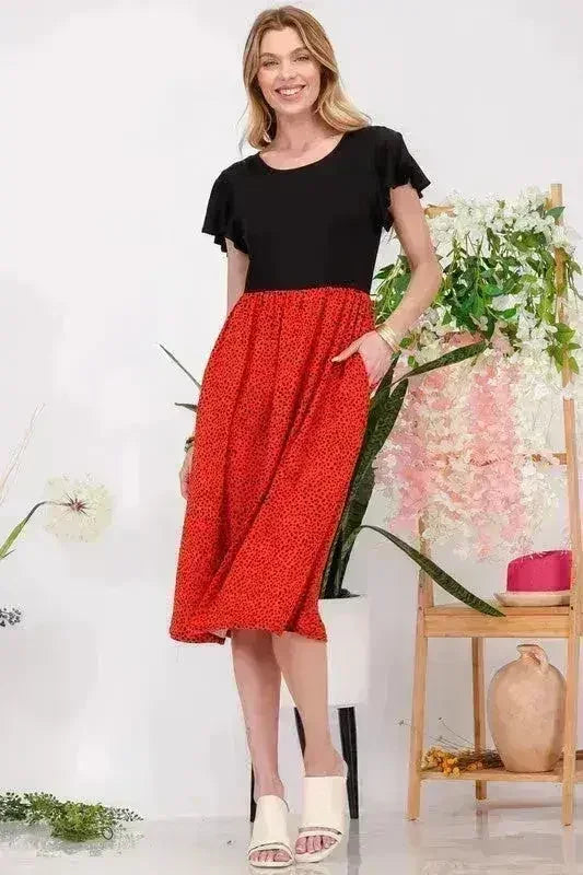 Celeste Full Size Two Tone Animal Print Flutter Sleeve Midi Dress Plus - Femstylo