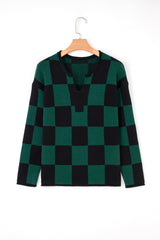 Green Checked Notched Neckline Drop Shoulder Knit Sweater