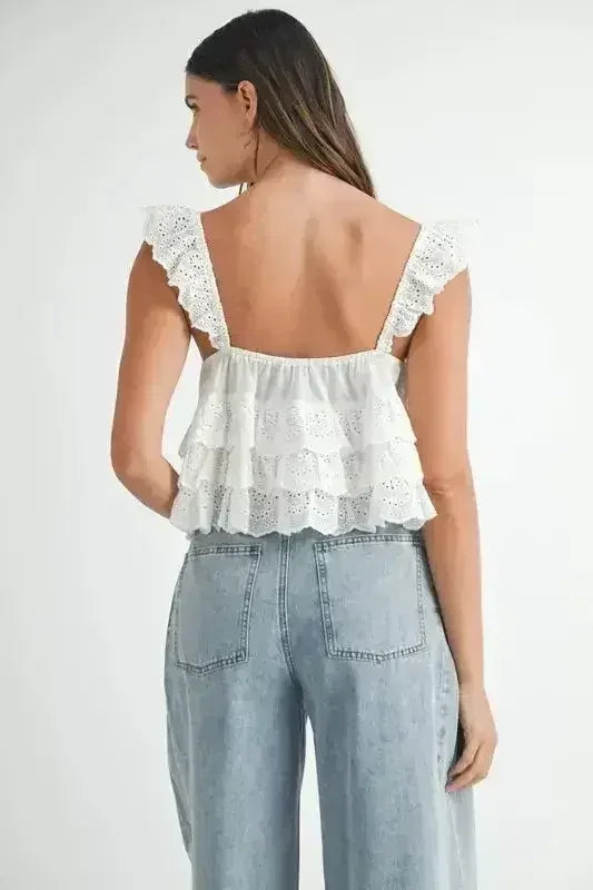 MABLE Eyelet Embroidered Front Tie Ruffle Top - Femstylo