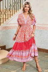 Red Boho Floral Tassel Tie Sleeve Maxi Dress - Femstylo