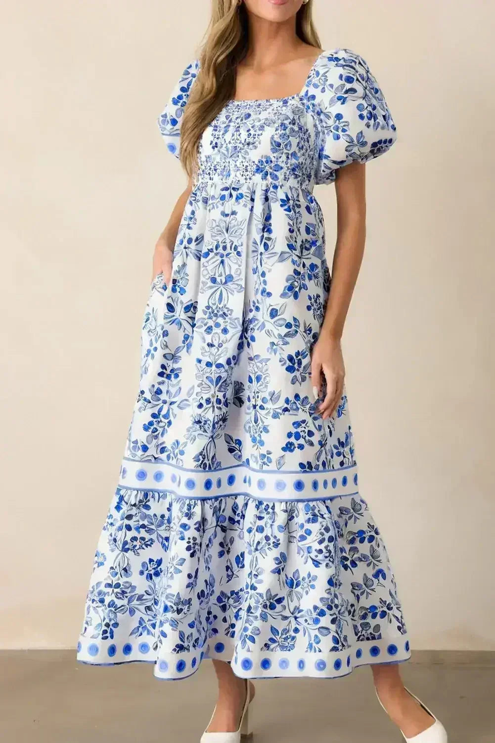 Sky Blue Floral Print Square Neck Bubble Sleeve High Waist Maxi Dress - Femstylo
