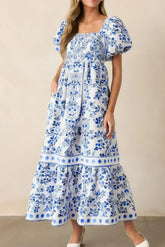 Sky Blue Floral Print Square Neck Bubble Sleeve High Waist Maxi Dress - Femstylo