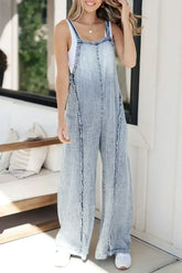 Blue Light Wash Frayed Exposed Seam Wide Leg Denim Overalls - Femstylo