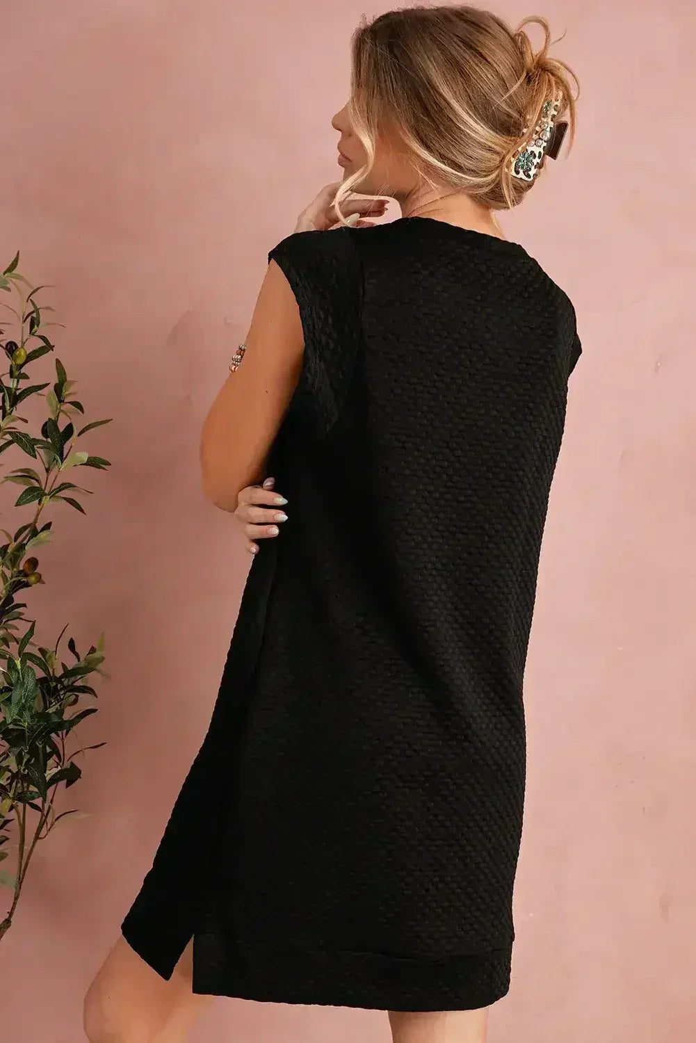 Black Textured Cap Sleeve T Shirt Shift Mini Dress - Femstylo