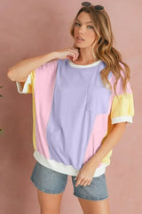 Purple Colorblock Patchwork Oversized T Shirt - Femstylo
