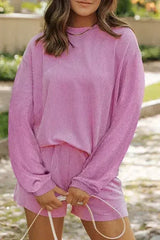 Parchment Corded Knit Long Sleeve Top and High Waist Shorts Set - Femstylo