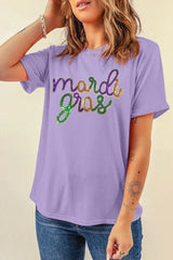 White Sequin mardi gras Letter Print Crewneck Tee