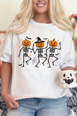White Halloween Pumpkin Skeleton Graphic Heat Transfer Printing Cotton Blend Tee