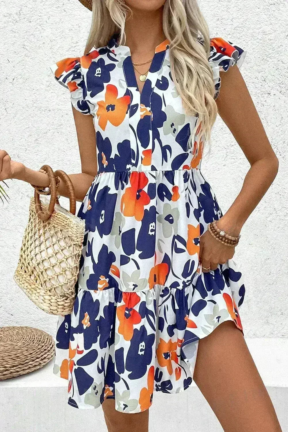 Rose Floral Print Notched Neck Flutter Sleeve Mini Dress - Femstylo