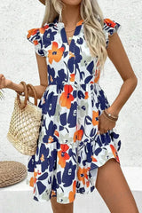 Rose Floral Print Notched Neck Flutter Sleeve Mini Dress - Femstylo