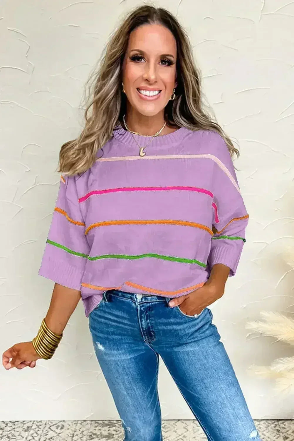 White Striped Half Sleeve Drop Shoulder Sweater - Femstylo