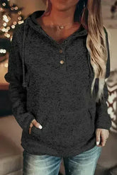 Women's Black Heathered Print Button Snap Neck Pullover Hoodie - Femstylo