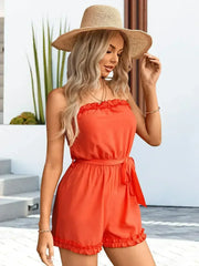 Frill Trim Belted Strapless Romper - Femstylo