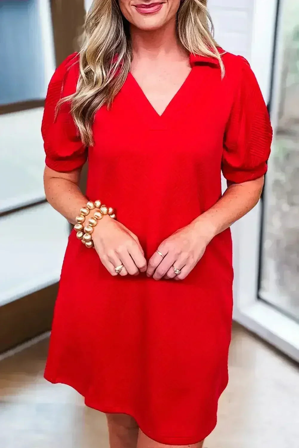 Fiery Red V Neck Puff Sleeve Textured Mini Dress - Femstylo
