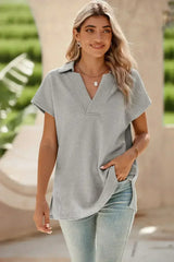 White Textured V Neck Collared Split Hem T Shirt - Femstylo