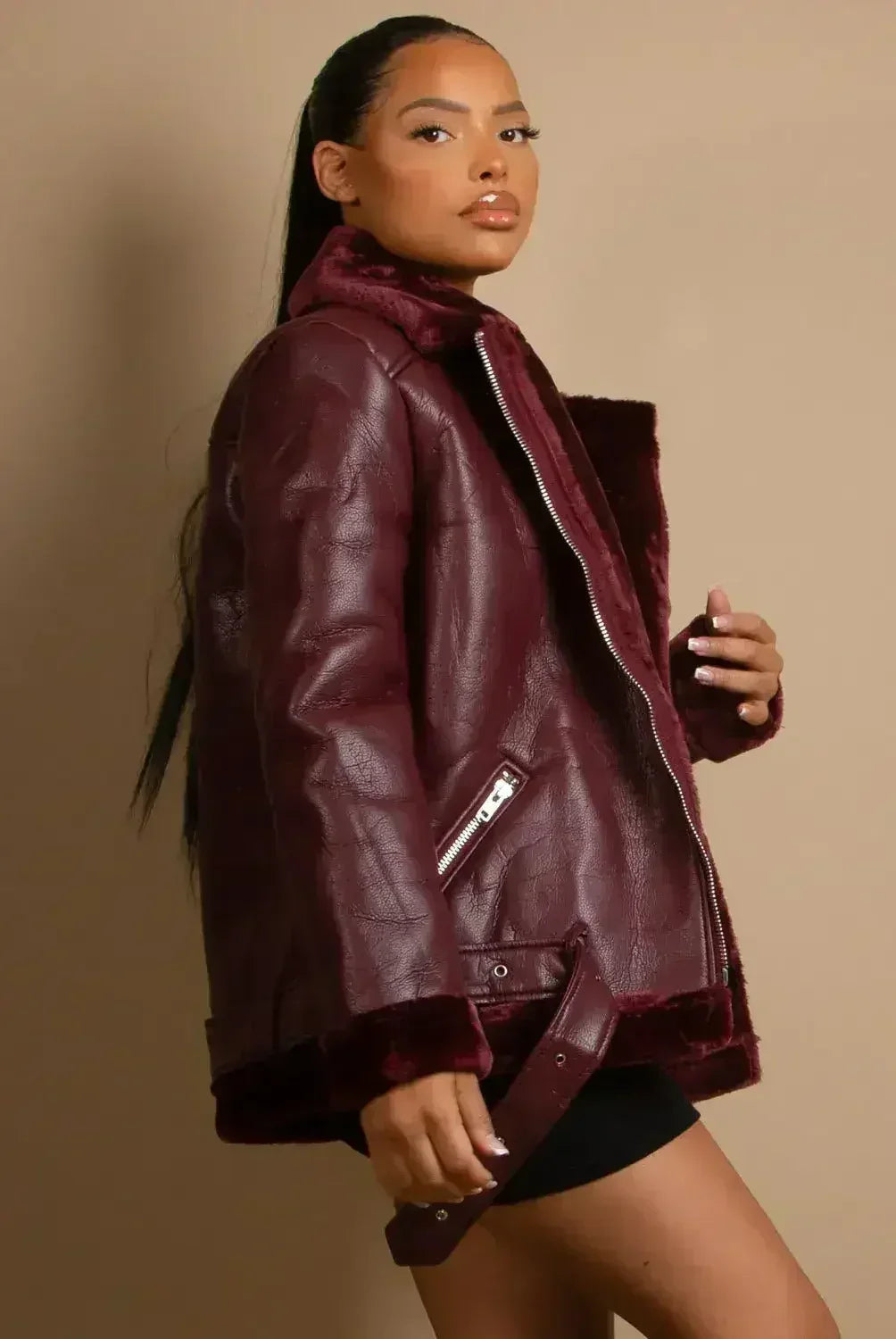 Faux Fur Collar Aviator Jacket (11729) - Femstylo