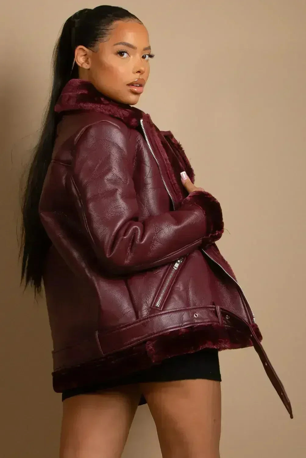 Faux Fur Collar Aviator Jacket (11729) - Femstylo