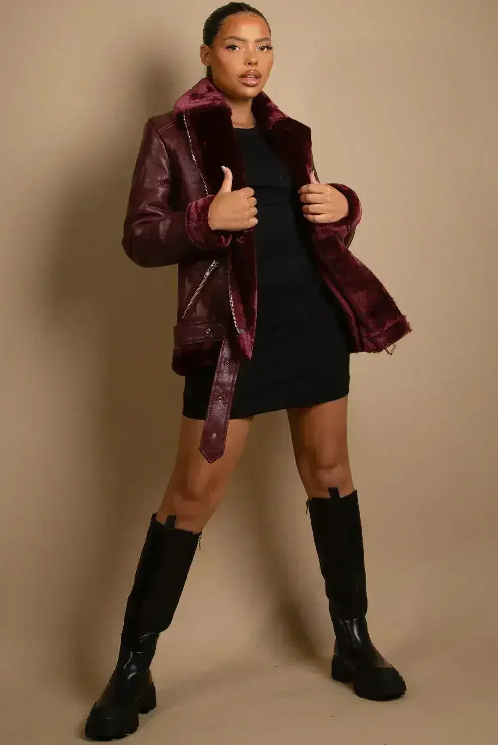 Faux Fur Collar Aviator Jacket (11729) - Femstylo