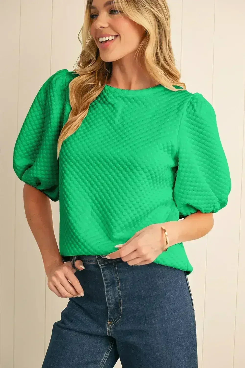 Phalaenopsis Solid Textured O Neck Puff Sleeve Blouse | Femstylo - Femstylo