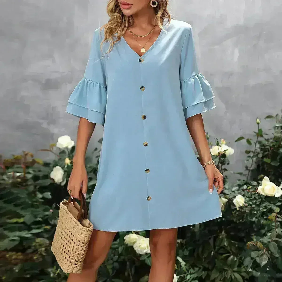V-Neck Mini Dress – Ruffled Detail & Decorative Buttons - Femstylo