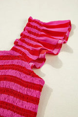 Rose Stripe Ruffle Strap Shirred Bodice Tiered Maxi Dress - Femstylo