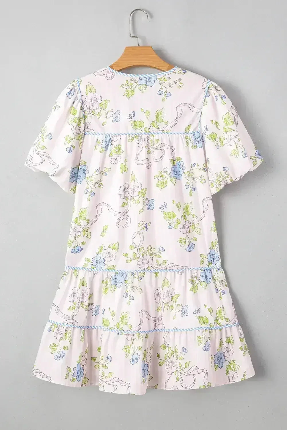 Pink Floral Striped Print Contrast Trim Tie Split Neck Mini Dress - Femstylo