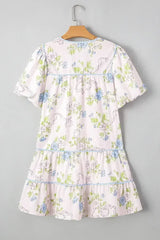 Pink Floral Striped Print Contrast Trim Tie Split Neck Mini Dress - Femstylo