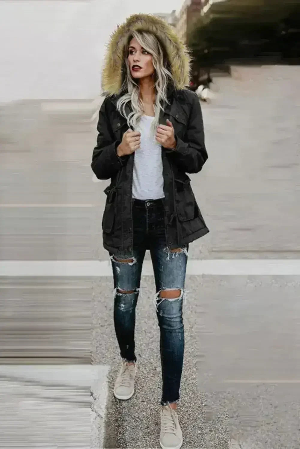 Zipper Snaps Pocket Plush Hooded Parka Jacket - Femstylo