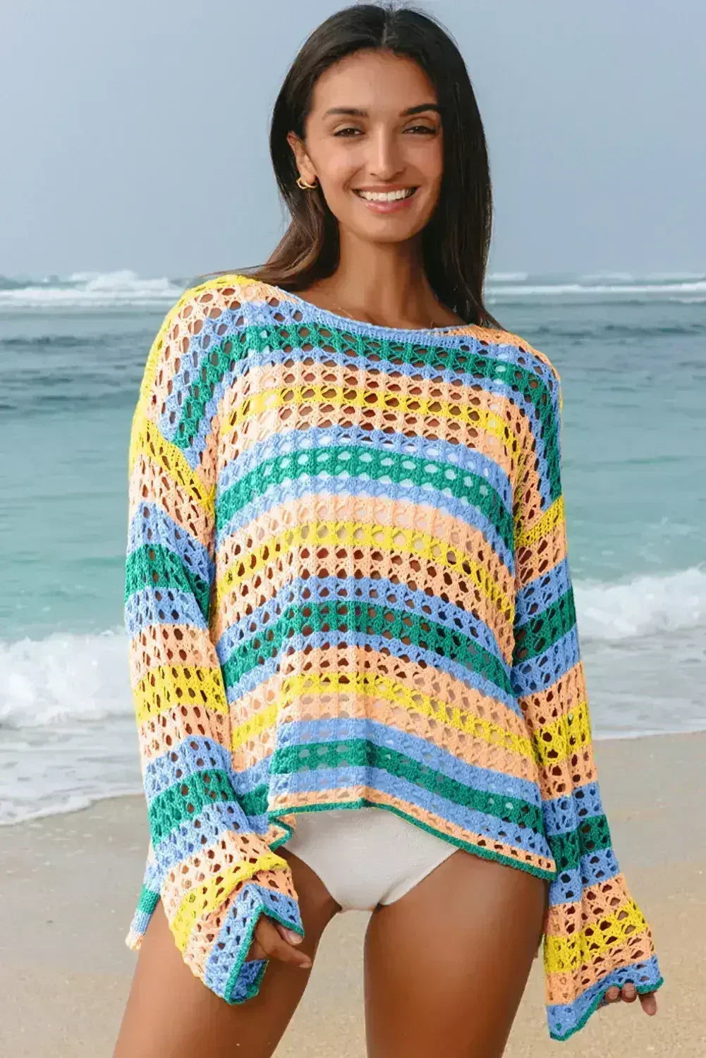 Purple Striped Hollow Knit Summer Beach Cover Up - Femstylo