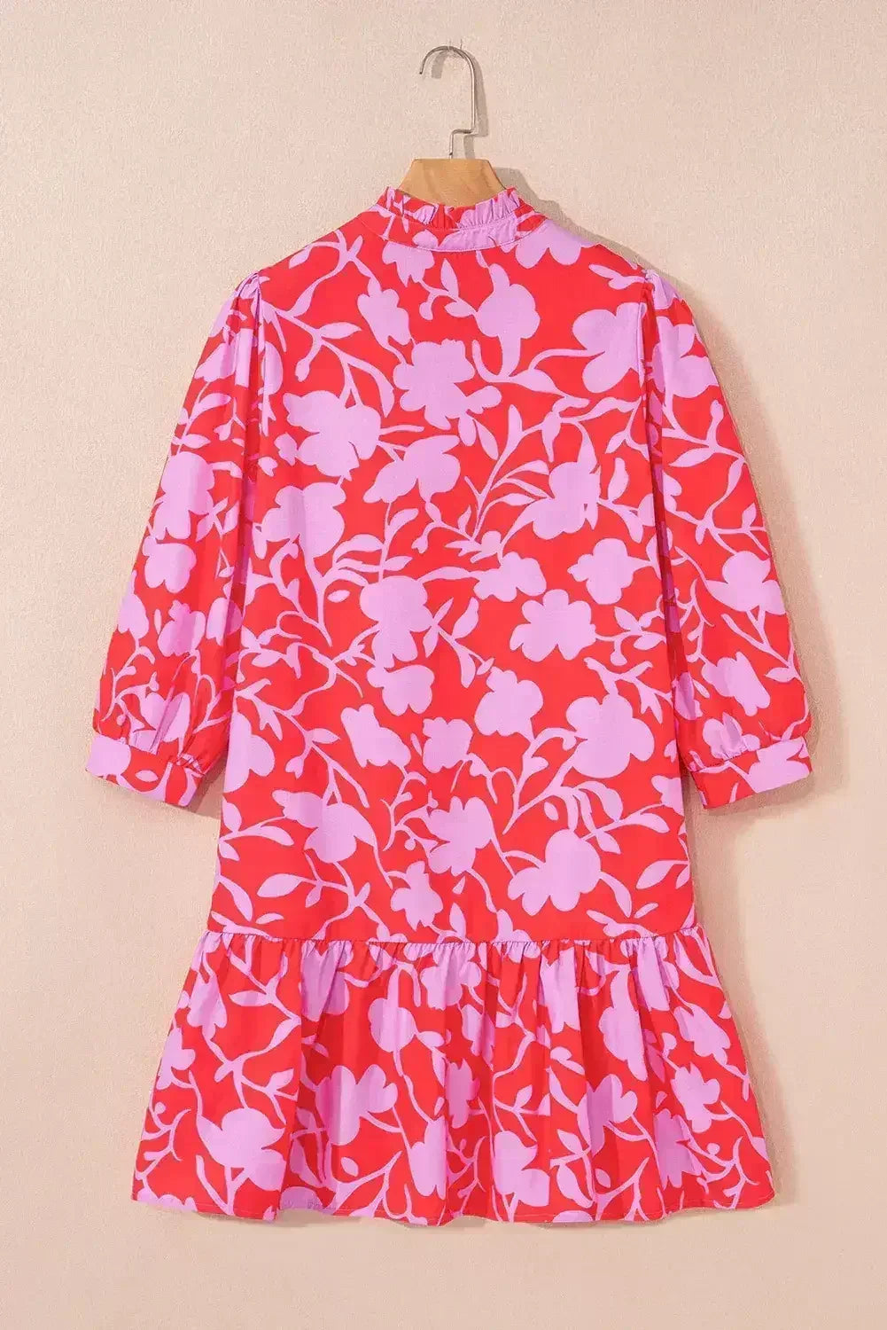 Red Floral 3/4 Sleeve Ruffle Hem Mini Dress - Femstylo