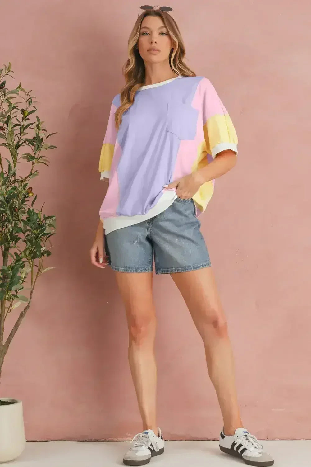 Purple Colorblock Patchwork Oversized T Shirt - Femstylo
