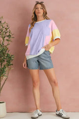 Purple Colorblock Patchwork Oversized T Shirt - Femstylo