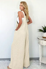 Beige Checkered Pocket High Waist Wide Leg Overall - Femstylo