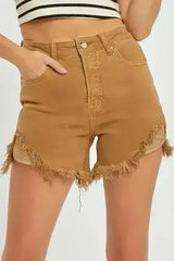 RISEN High Waist Frayed Hem Denim Shorts - Femstylo