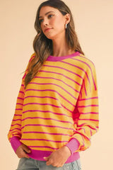 Pink Stripe Round Neck Drop Shoulder Loose Sweater - Femstylo
