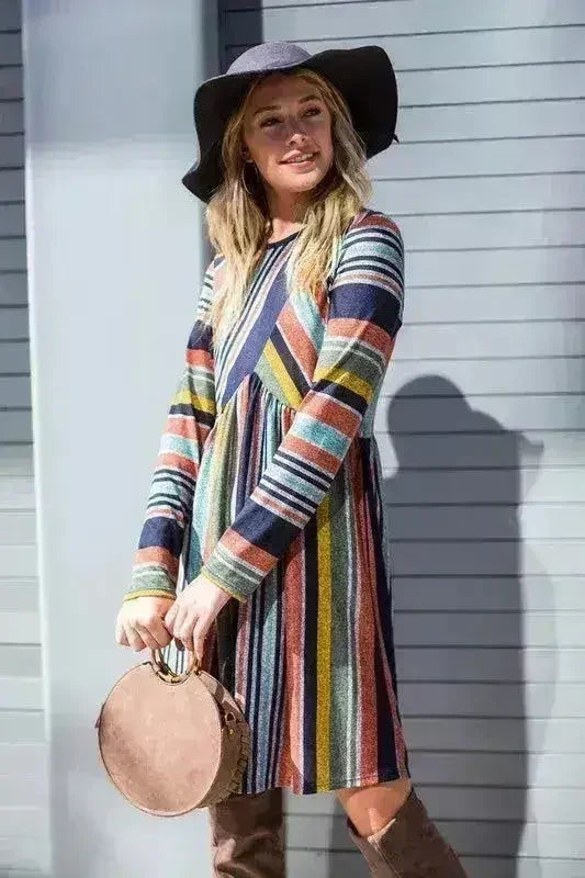 Color Block Stripe Midi Dress - Polyester-Spandex Blend | Femstylo - Femstylo