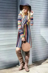 Color Block Stripe Midi Dress - Polyester-Spandex Blend | Femstylo - Femstylo