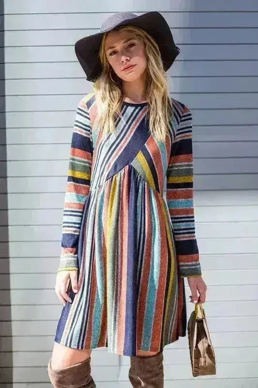 Color Block Stripe Midi Dress - Polyester-Spandex Blend | Femstylo - Femstylo