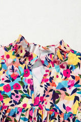 Pink Floral Puff Short Sleeve V Neck Mini Dress - Femstylo