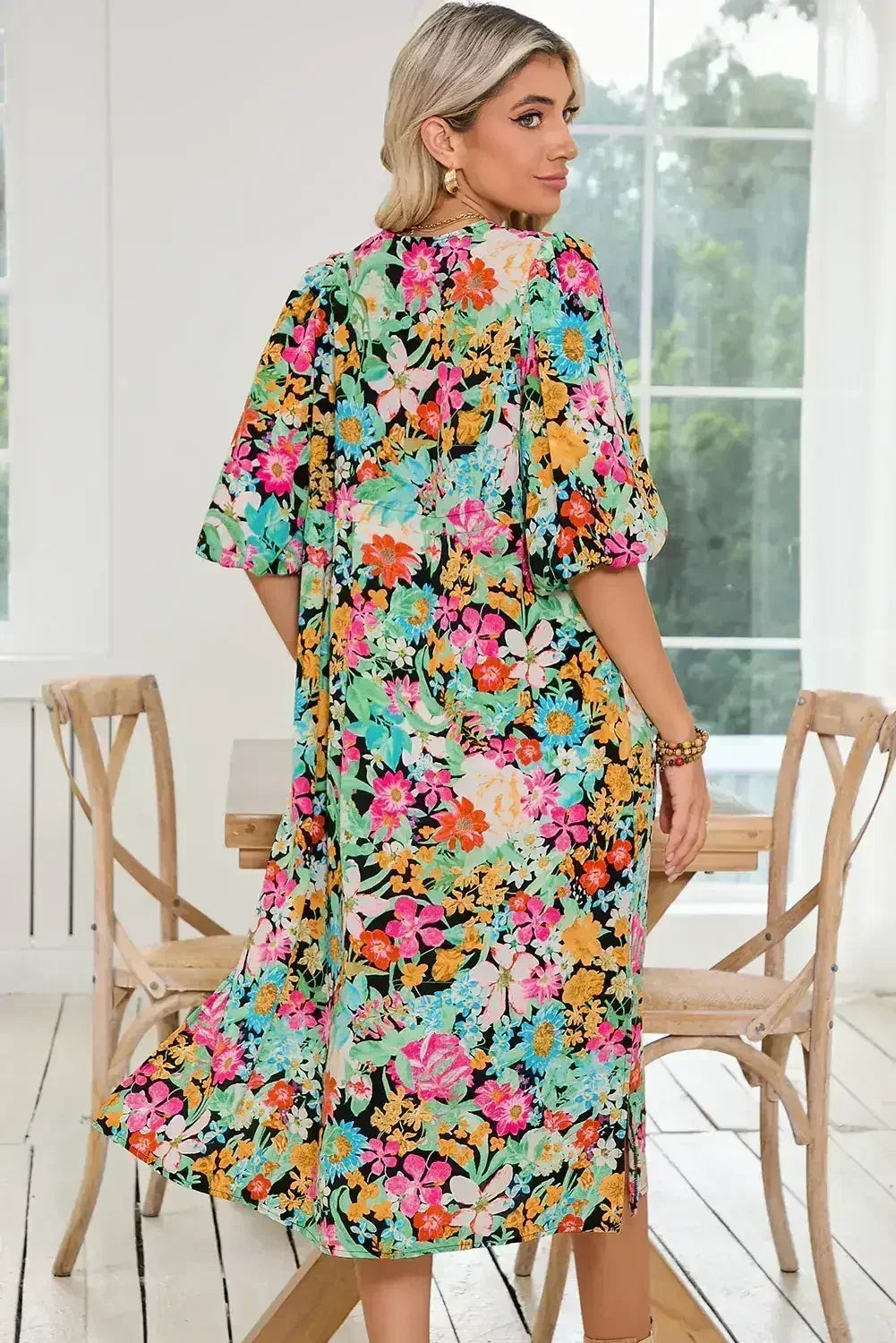 Green Boho Floral Puff Sleeve V Neck Tassel Drawstring Midi Dress - Femstylo