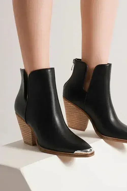 Beast Fashion Pointed Metal-Tip Toe Block Heel Ankle Boots - Femstylo