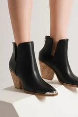 Beast Fashion Pointed Metal-Tip Toe Block Heel Ankle Boots - Femstylo