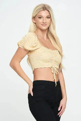 Gingham Smocked Crop Top with Puff Sleeves - Femstylo