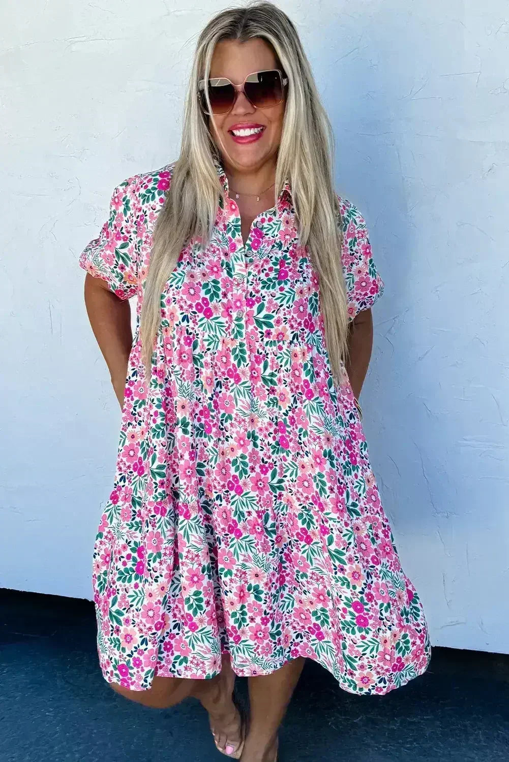 Pink Plus Size Floral Half Button Puff Sleeve A Line Dress - Femstylo
