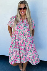 Pink Plus Size Floral Half Button Puff Sleeve A Line Dress - Femstylo