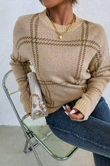 Khaki Plaid Pattern Knitted Drop Shoulder Sweater - Femstylo