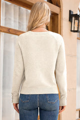 White Buttoned Cuffs Raglan Sleeve Knit Sweater