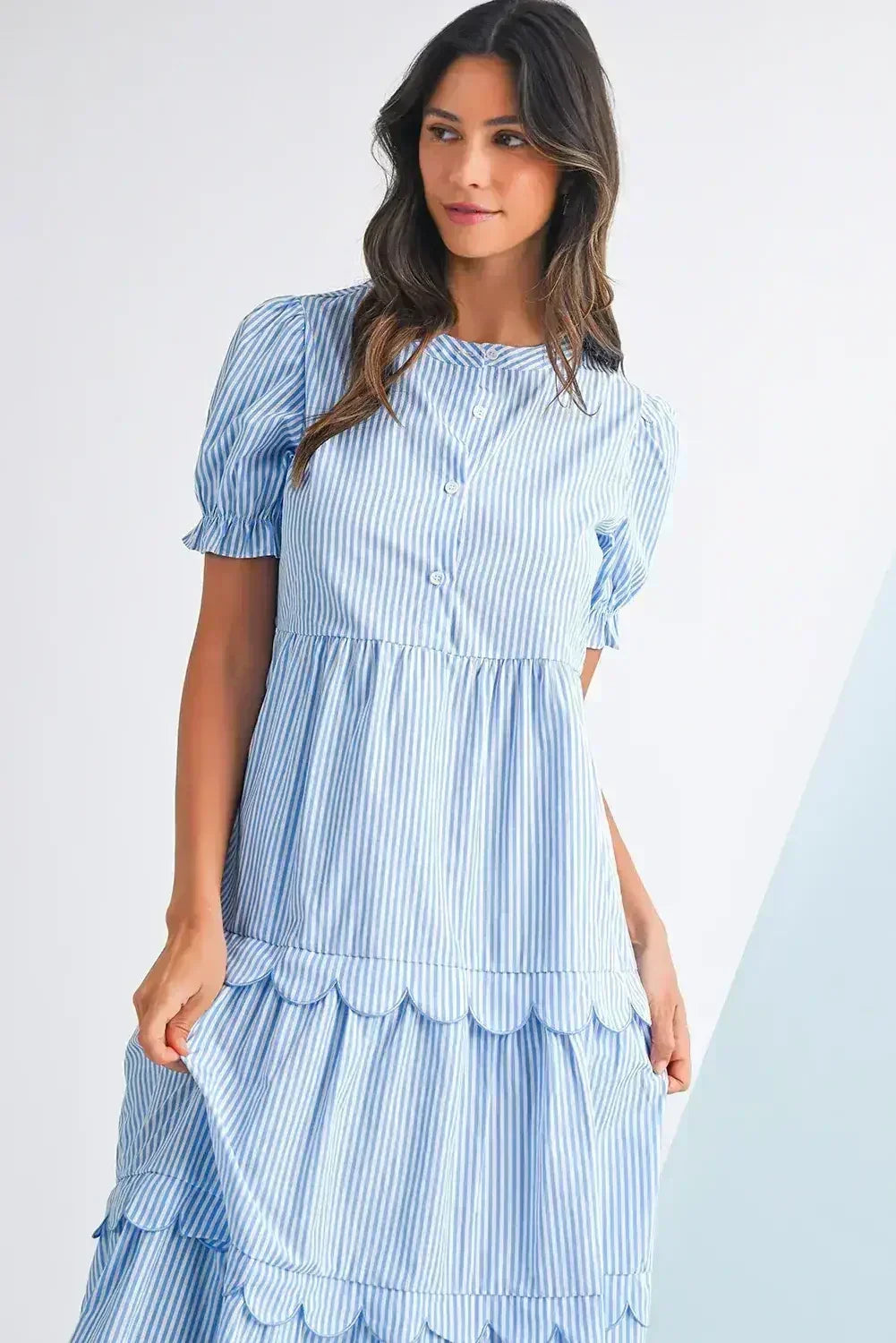 Sky Blue Stripe Bubble Sleeve Scallop Tiered Dress - Femstylo