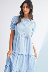 Sky Blue Stripe Bubble Sleeve Scallop Tiered Dress - Femstylo